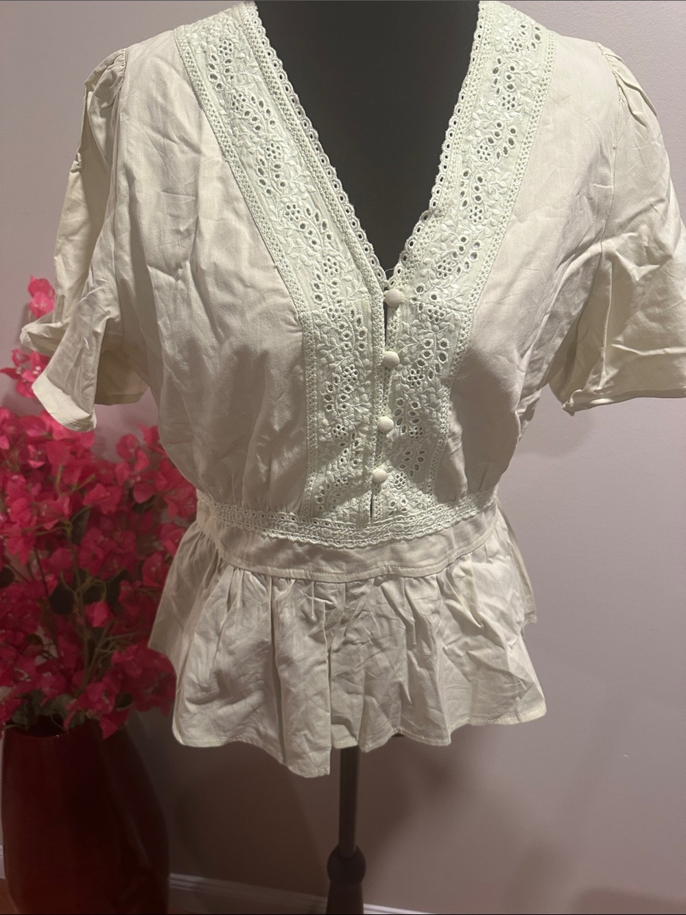 Women's Lace-Trim Peplum Blouse - Cream